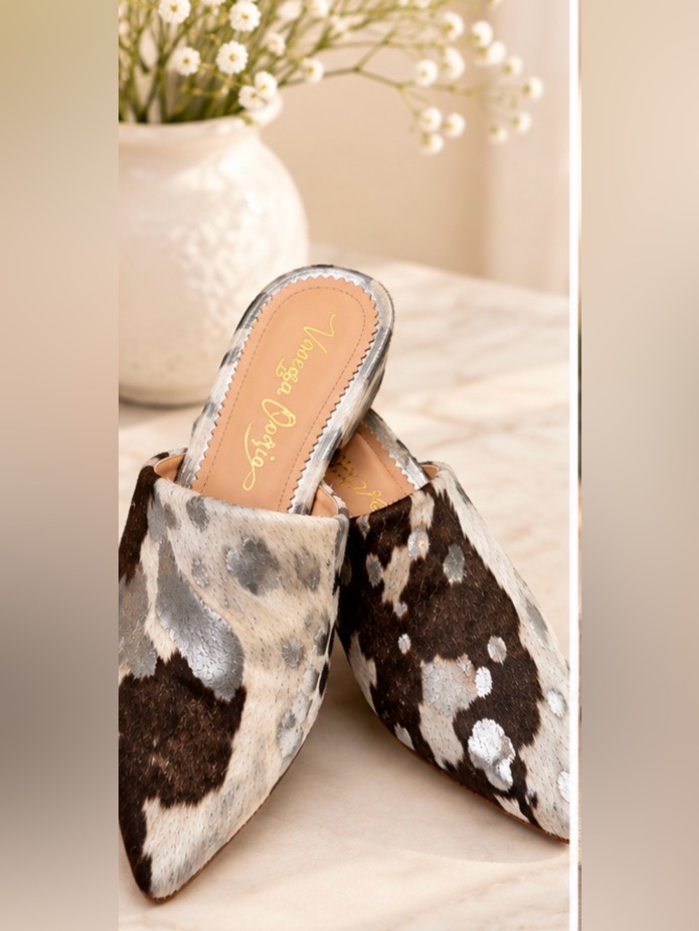 Vanessa Osorio Cow Print Pointed Toe Mules Metallic Silver Black Size 7